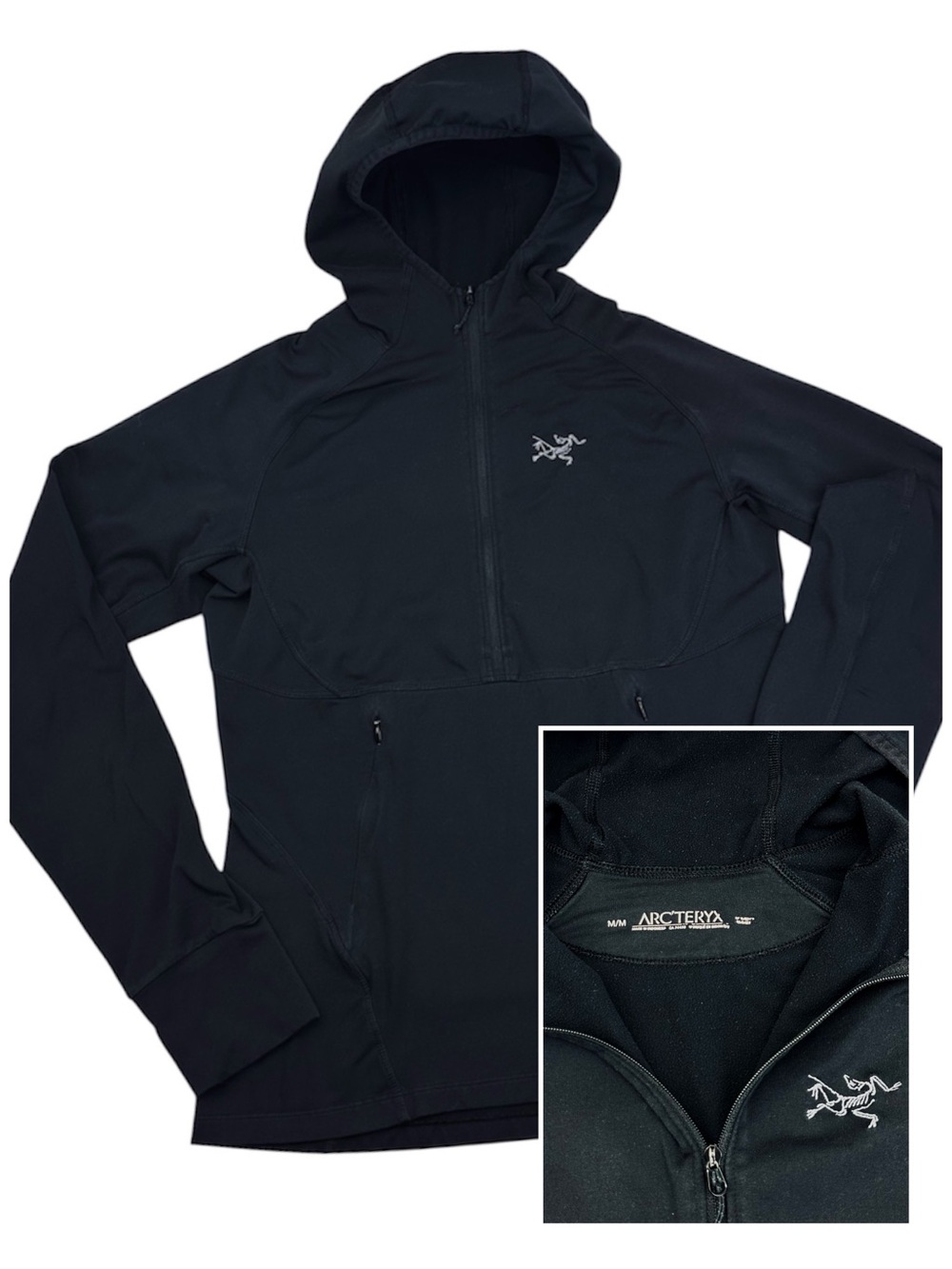 Arc'teryx Hooded Half-Zip Pullover Fleece Inside Thumbhole Embroidery Logo Black